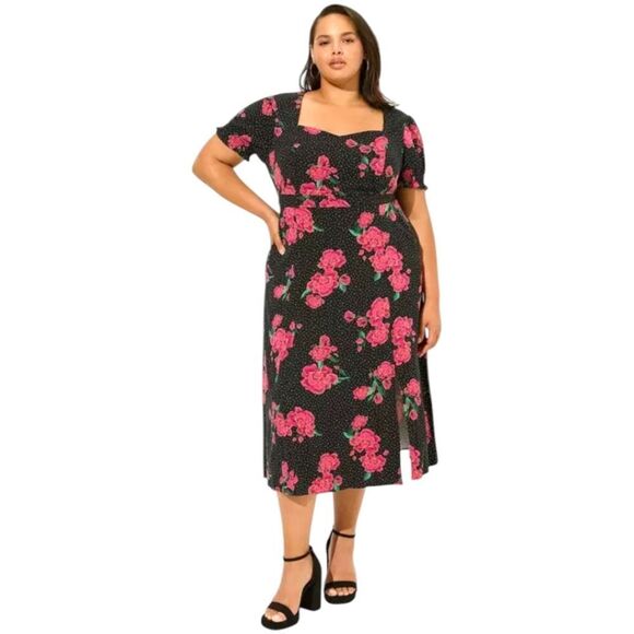 TORRID Women's Tea Length Stretch Challis Sweetheart floral dot A-line dress 2X - Picture 1 of 17